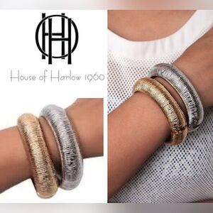 NEW House of Harlow 1960 Gold Rippled Cuff Bangle Bracelet w/ Spring Hinge
